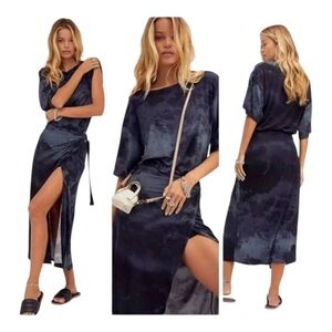 Free People Tie Dye Alyssa Wrap Midi Dress Black Gray Blue XS S
